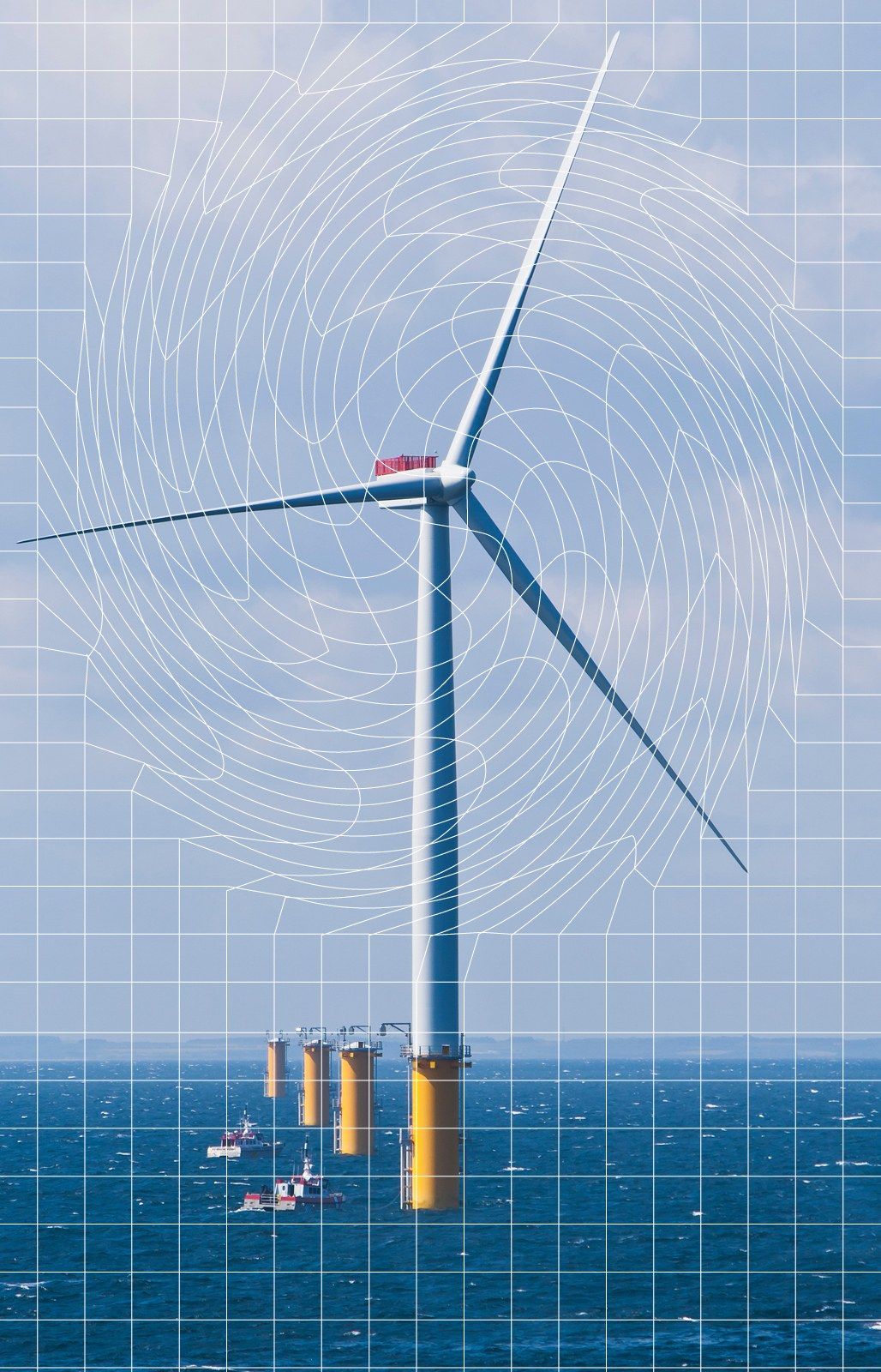 An offshore wind turbine beneath a pale blue sky, overlaid with white contour lines